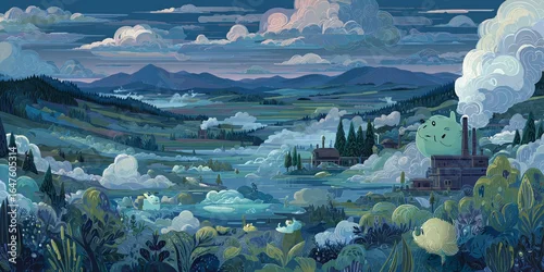 Obraz PASTELOWA ILUSTRACJA KRAJOBRAZU Z FABRYKĄ I ZWIERZĘTAMI