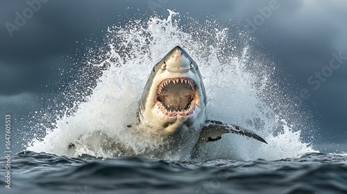 Powerful great white shark erupts from the ocean, mouth agape, amidst a spray of water