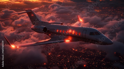 Private jet soars above city lights at sunset