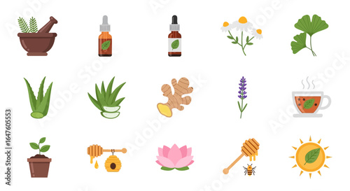 Collection of flat icons for herbal medicine, aromatherapy, and natural wellness, featuring plants, oils, and remedies.