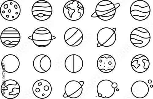 Planets and Moons Editable Stroke Outline Icon Set Pixel Perfect Minimal Vector Pictograms for Astronomy and Space