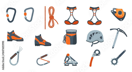 Collection of Illustrated Climbing and Mountaineering Gear with Orange Accents