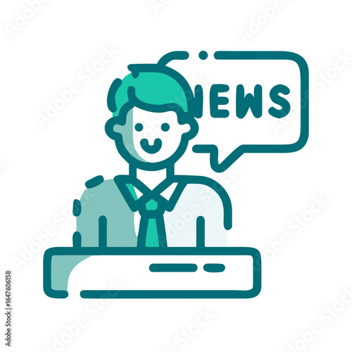 Stylized news anchor icon with green hair and a tie smiling behind a desk with a NEWS speech bubble.
