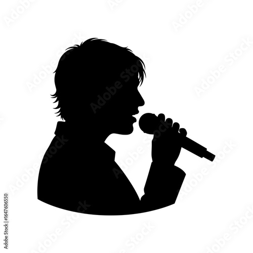 Profile view of a person singing into a microphone, silhouette style.