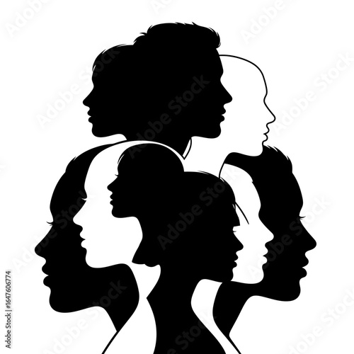 A striking graphic design featuring a collection of diverse human faces in contrasting black and white silhouettes.