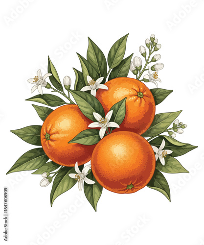 Vibrant oranges and blossoms, a springtime floral still life