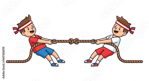 Two boys playfully tug-of-war with a rope, illustrated in a cheerful cartoon style against a white background, showcasing a horizontal composition with vibrant red and