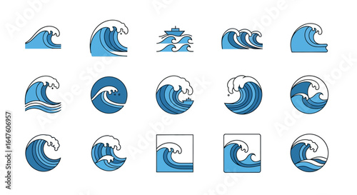 Collection of Stylized Blue Ocean Waves with White Foam and Water Droplets