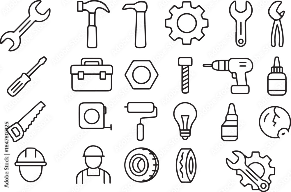 Fototapeta premium Repair Tools and Maintenance Editable Stroke Outline Icon Set Pixel Perfect Vector Icons for Fixing, DIY and Construction