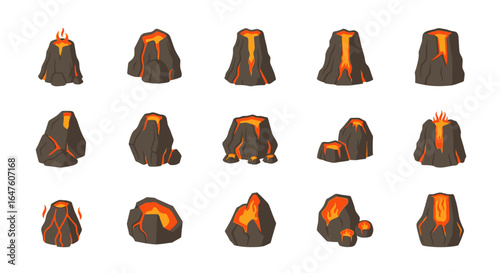 Collection of stylized cartoon volcanoes with flowing orange lava. Flat vector icon set of erupting volcanic mountains.