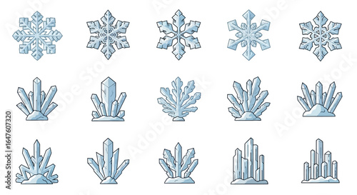 Collection of Stylized Blue Snowflakes and Crystal Formations
