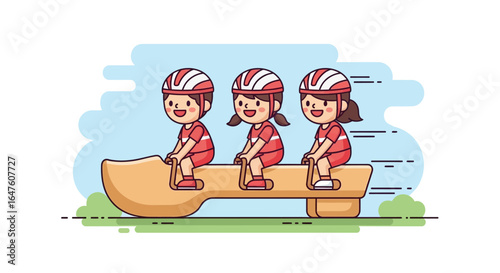 Three happy children riding a large wooden spoon, vector illustration,  bright cartoon style, against a simple blue sky background.