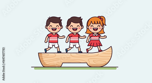 Three cheerful children joyfully dancing on a large wooden shoe, illustrated in a flat cartoon style with a light blue background, conveying a playful mood.