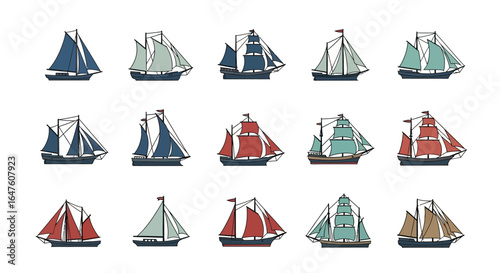 Collection of Vintage Sailing Ships with Colorful Sails