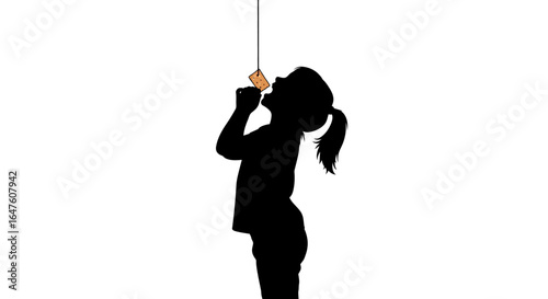 Silhouette of a girl playfully pulling a string against a white background, a simple vertical composition conveying a childlike curious mood.