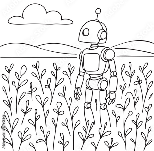 line sketch ai robot on fields. Ideal for technology, security, automation, organization, productivity, future, AI themes