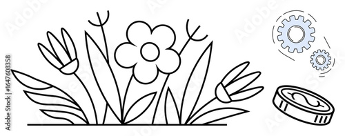 Flowers and leaves symbolize growth gears reflect processes coin adds financial aspects. Ideal for sustainability, eco-economy, innovation, green investment, environment, growth processes, simple