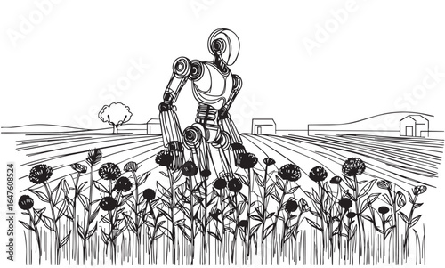 line sketch ai robot works on fields. Ideal for technology, security, automation, organization, productivity, future, AI themes
