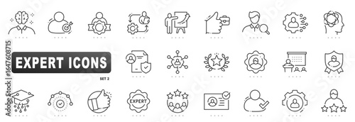 Outline icon set showcasing expert certification, professional badges, training, recruitment, verified profiles, leadership, strategy, security, collaboration, rating, presentation, skills, network