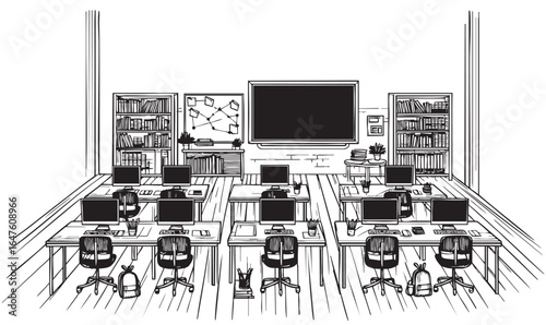 line sketch black flat classroom interior with desks and computers