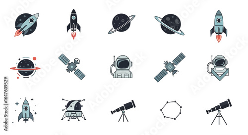 Colorful flat line art icon set for space exploration and astronomy, featuring rockets, planets, and satellites.
