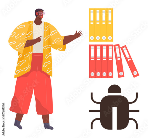 Person gestures near grouped file folders and a bug symbol, addressing technical issues. Ideal for tech support, debugging, organization, work processes, troubleshooting, IT concepts, simple flat