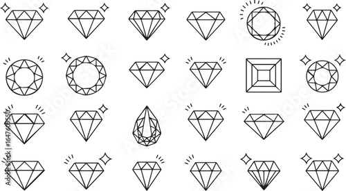 Diamond Icon Set Outline Style. Gemstone Jewel Precious Stone Luxury Treasure Crystal