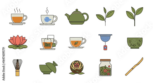 Colorful flat line art icon set of tea ceremony and brewing accessories.
