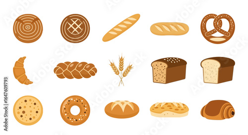 Colorful flat vector illustration of diverse baked goods, including loaves, baguettes, croissants, and pretzels.