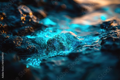 Bio luminescent waves glowing teal, crashing on dark rocks at sunset.