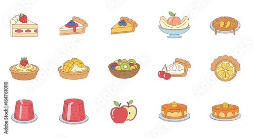 Colorful line art icon set of various fruit desserts, including cakes, pies, tarts, and jelly.