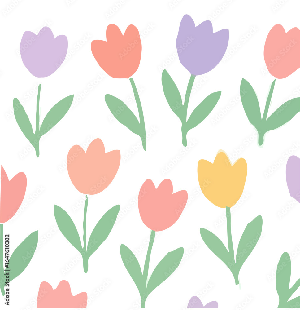 Obraz premium A repeating pattern of colorful, stylized tulips on a white background, creating a cheerful design.