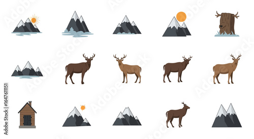 Flat design icon set of mountain wildlife, including stags, snowy peaks, and a log cabin.