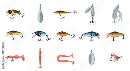Flat design vector icon set of various fishing lures, baits, and tackle with treble hooks.