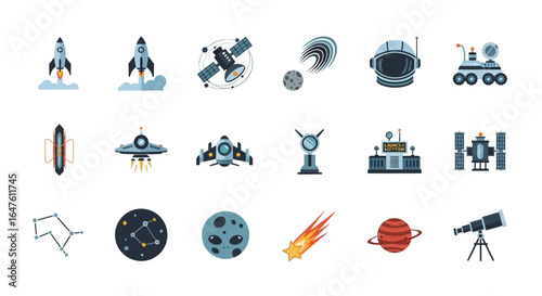 Flat Icons of Space Exploration Vehicles and Equipment