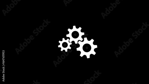 3 white gears spinning. Group of gears. Alpha channel. Gears rotating animation. cogwheel gear icon logotype rotating animation.