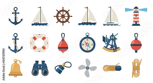 Flat Vector Nautical Marine Icons Set with Sailboats, Anchors, Compass, and Lighthouse