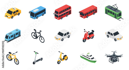Isometric Collection of Diverse Urban Transportation Vehicles and Drones
