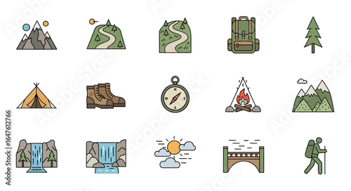 Set of colorful line art icons for hiking and camping adventures. Includes mountains, backpack, tent, and compass.