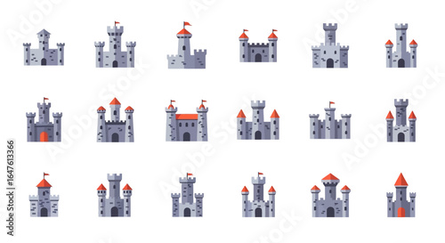 Set of grey stone medieval castles with red roofs and flags. Flat vector illustration collection of ancient fortresses and citadels.