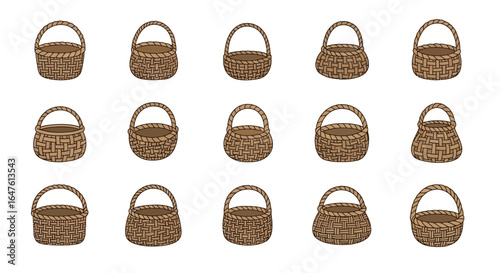 Set of hand-drawn brown wicker baskets with handles, showing various shapes and weave patterns.