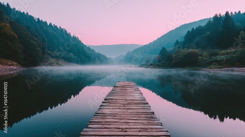 Fototapeta Naklejka Na Ścianę i Meble -  Wooden dock extending into calm misty lake surrounded by forested hills at sunrise, with soft pink sky reflecting on tranquil water surface