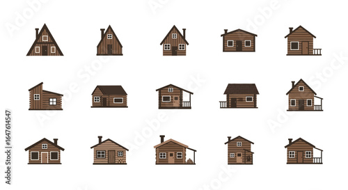 Vector set of various rustic wooden log cabins. Brown A-frame and forest house illustrations with chimneys.
