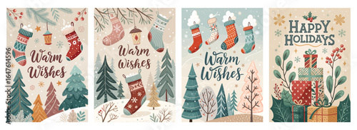 A cheerful holiday-themed illustration featuring stockings, trees, and gifts, evoking a festive atmosphere.