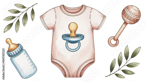 Illustration of baby onesie with pacifier, bottle, rattle and leaves