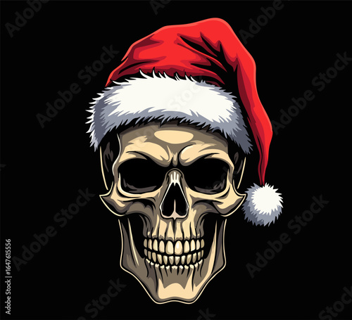 Biker vector t-shirt design with human skull
in santa claus new year hat on black background.
Fashionable print for fabric, paper, men clothing,
hoodie, jacket. T shirt сhristmas template.