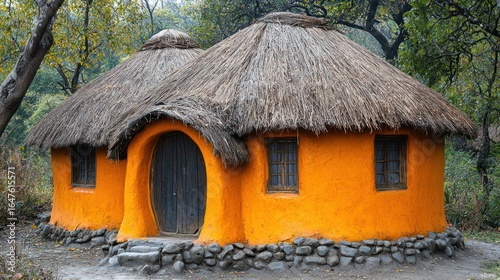 Round orange hut with thatched roof