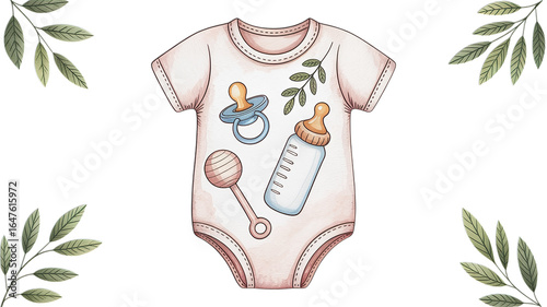 Illustration of baby onesie with baby bottle pacifier and rattle design