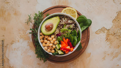 A top view of a vibrant vegan bowl with quinoa, avocado, chickpeas, spinach, and colorful veggies on