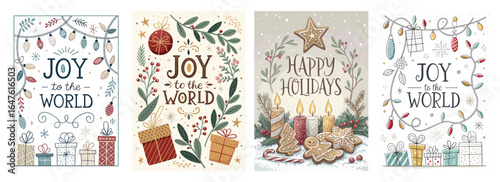 Festive holiday cards with joyful designs featuring decorations, gifts, and seasonal elements.